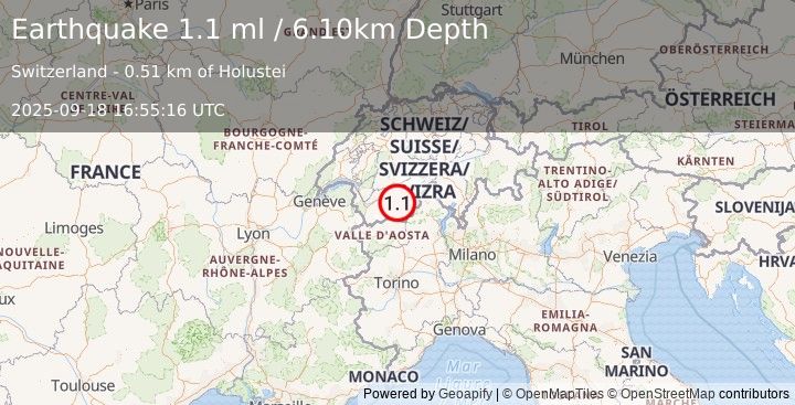 Earthquake SWITZERLAND (1.1 ml) (2025-09-18 16:55:16 UTC)