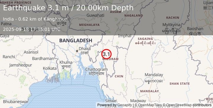Earthquake INDIA-BANGLADESH BORDER REGION (3.1 m) (2025-09-18 17:35:01 UTC)