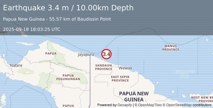 Earthquake NEAR N COAST OF NEW GUINEA, PNG. (3.4 m) (2025-09-18 18:03:25 UTC)