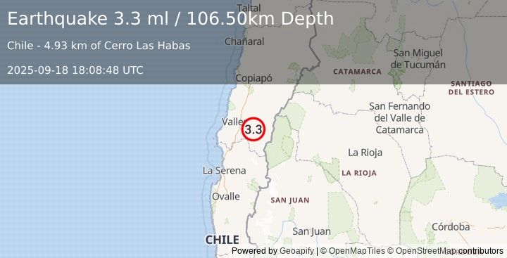 Earthquake ATACAMA, CHILE (3.3 ml) (2025-09-18 18:08:48 UTC)