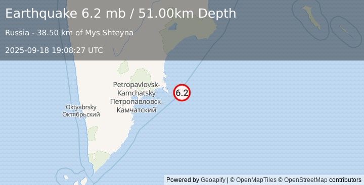 Earthquake NEAR EAST COAST OF KAMCHATKA (6.1 mb) (2025-09-18 19:08:21 UTC)