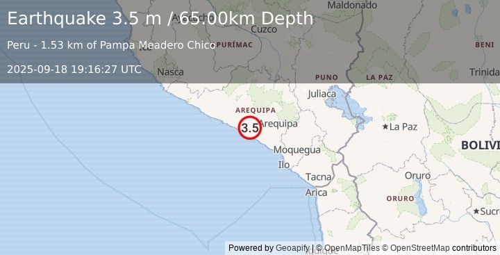 Earthquake NEAR COAST OF SOUTHERN PERU (3.5 m) (2025-09-18 19:16:27 UTC)