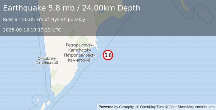 Earthquake OFF EAST COAST OF KAMCHATKA (5.7 m) (2025-09-18 19:19:24 UTC)