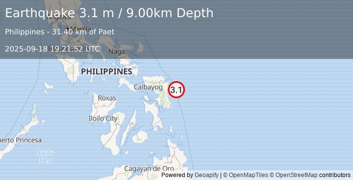 Earthquake SAMAR, PHILIPPINES (3.1 m) (2025-09-18 19:21:52 UTC)