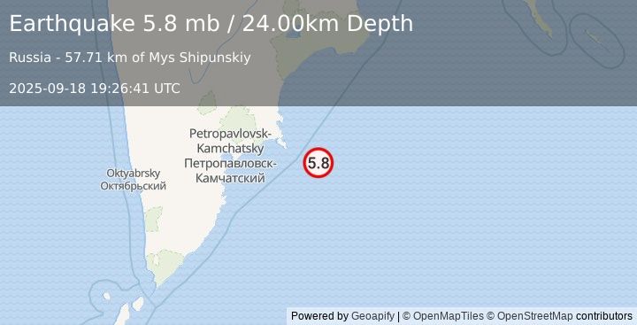 Earthquake OFF EAST COAST OF KAMCHATKA (5.6 mb) (2025-09-18 19:26:38 UTC)