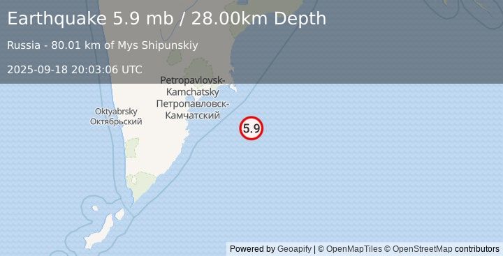 Earthquake OFF EAST COAST OF KAMCHATKA (5.6 mb) (2025-09-18 20:03:02 UTC)