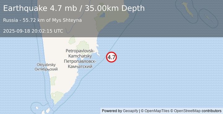 Earthquake NEAR EAST COAST OF KAMCHATKA (4.7 mb) (2025-09-18 20:02:15 UTC)