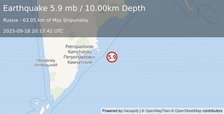 Earthquake OFF EAST COAST OF KAMCHATKA (5.4 mb) (2025-09-18 20:17:46 UTC)