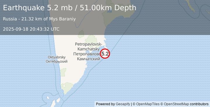 Earthquake OFF EAST COAST OF KAMCHATKA (5.1 mb) (2025-09-18 20:43:25 UTC)