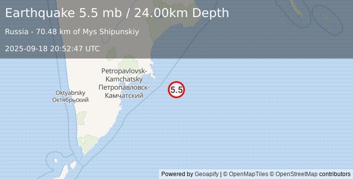Earthquake OFF EAST COAST OF KAMCHATKA (5.2 mb) (2025-09-18 20:52:44 UTC)