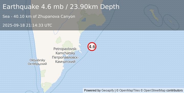 Earthquake NEAR EAST COAST OF KAMCHATKA (4.6 mb) (2025-09-18 21:14:33 UTC)
