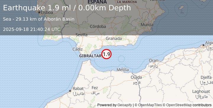 Earthquake STRAIT OF GIBRALTAR (1.9 ml) (2025-09-18 21:40:24 UTC)
