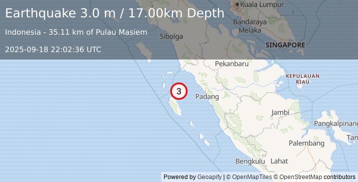 Earthquake SOUTHERN SUMATRA, INDONESIA (3.0 m) (2025-09-18 22:02:36 UTC)