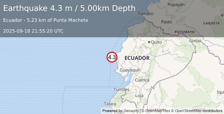 Earthquake OFF COAST OF ECUADOR (4.3 m) (2025-09-18 21:55:20 UTC)