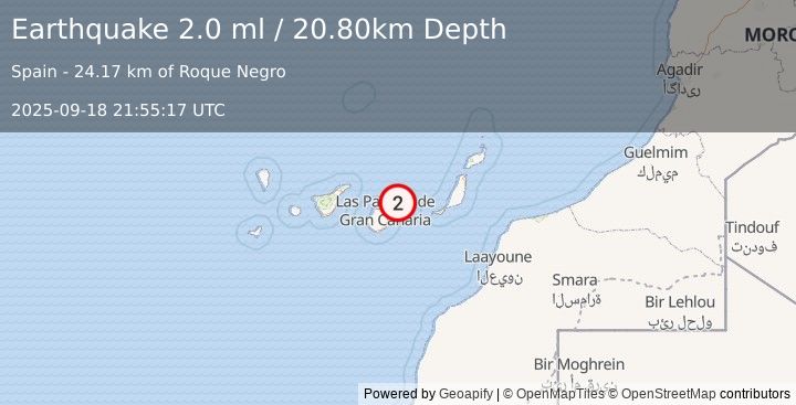 Earthquake CANARY ISLANDS, SPAIN REGION (2.0 ml) (2025-09-18 21:55:17 UTC)
