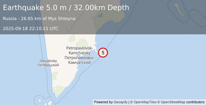 Earthquake OFF EAST COAST OF KAMCHATKA (4.9 mb) (2025-09-18 22:10:18 UTC)
