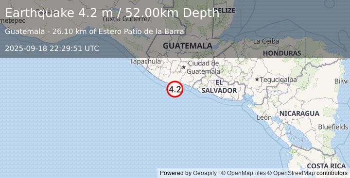 Earthquake OFFSHORE GUATEMALA (4.2 m) (2025-09-18 22:29:51 UTC)