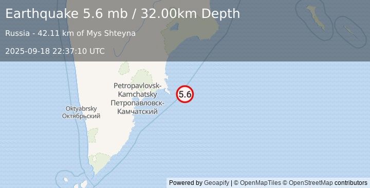 Earthquake OFF EAST COAST OF KAMCHATKA (5.4 mb) (2025-09-18 22:37:11 UTC)