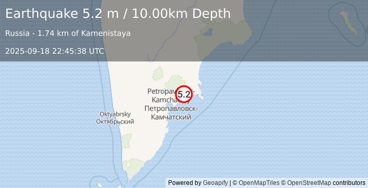 Earthquake NEAR EAST COAST OF KAMCHATKA (5.2 m) (2025-09-18 22:45:38 UTC)