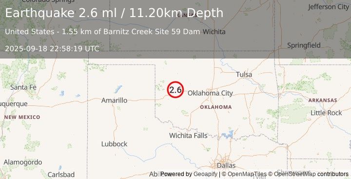Earthquake OKLAHOMA (2.6 ml) (2025-09-18 22:58:19 UTC)