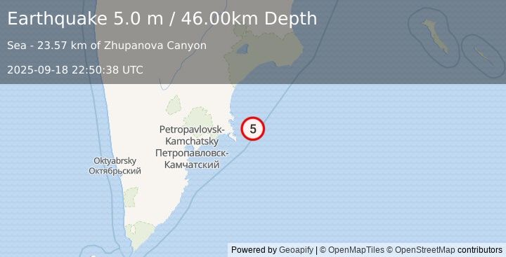 Earthquake NEAR EAST COAST OF KAMCHATKA (4.9 mb) (2025-09-18 22:50:37 UTC)