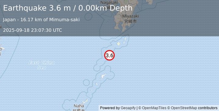 Earthquake RYUKYU ISLANDS, JAPAN (3.6 m) (2025-09-18 23:07:30 UTC)