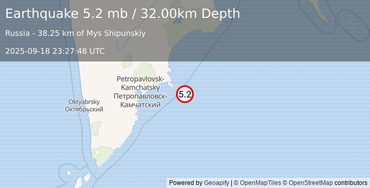 Earthquake OFF EAST COAST OF KAMCHATKA (4.8 mb) (2025-09-18 23:27:44 UTC)