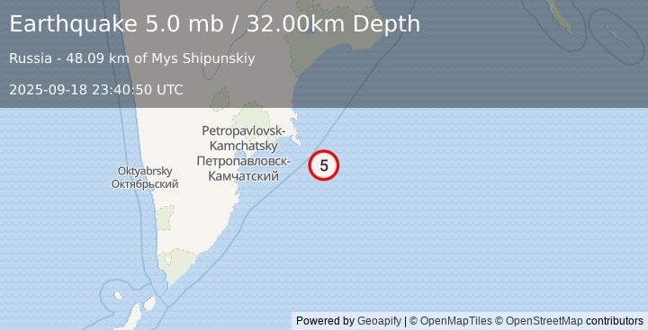 Earthquake OFF EAST COAST OF KAMCHATKA (4.9 mb) (2025-09-18 23:40:46 UTC)