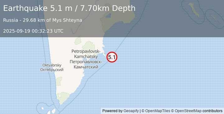 Earthquake NEAR EAST COAST OF KAMCHATKA (4.8 mb) (2025-09-19 00:32:25 UTC)