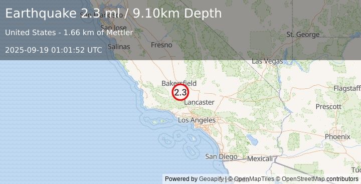 Earthquake CENTRAL CALIFORNIA (2.3 ml) (2025-09-19 01:01:52 UTC)