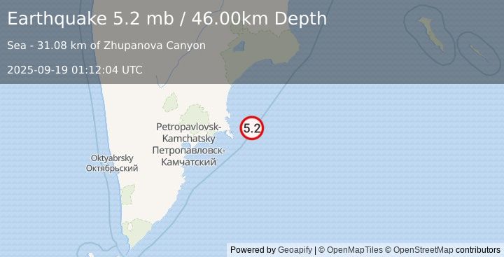 Earthquake NEAR EAST COAST OF KAMCHATKA (5.0 mb) (2025-09-19 01:12:02 UTC)
