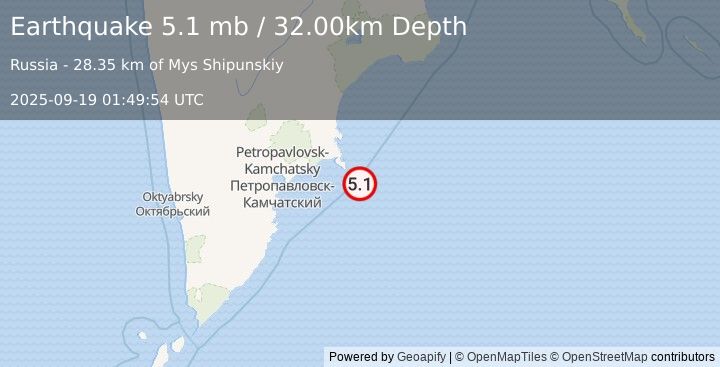 Earthquake OFF EAST COAST OF KAMCHATKA (5.0 mb) (2025-09-19 01:49:53 UTC)