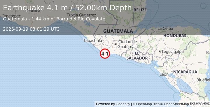 Earthquake OFFSHORE GUATEMALA (4.1 m) (2025-09-19 03:01:29 UTC)