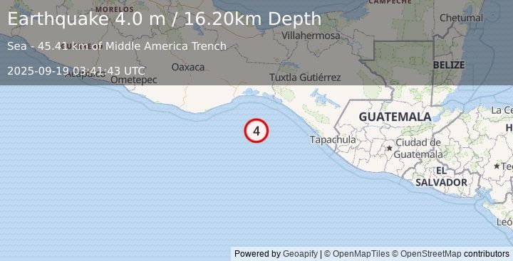 Earthquake OFF COAST OF OAXACA, MEXICO (4.0 m) (2025-09-19 03:41:43 UTC)