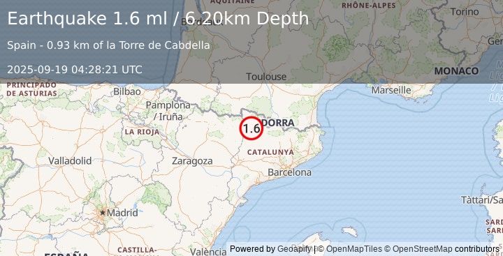 Earthquake PYRENEES (1.6 ml) (2025-09-19 04:28:21 UTC)