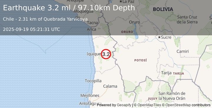 Earthquake TARAPACA, CHILE (3.2 ml) (2025-09-19 05:21:31 UTC)