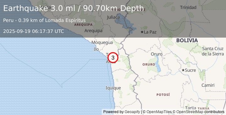 Earthquake OFFSHORE TARAPACA, CHILE (3.0 ml) (2025-09-19 06:17:37 UTC)