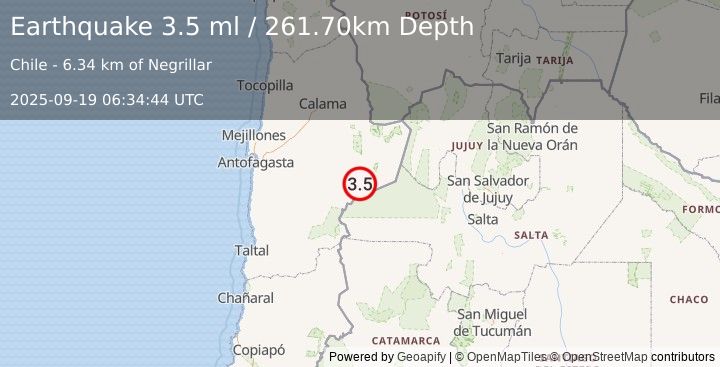 Earthquake ANTOFAGASTA, CHILE (3.5 ml) (2025-09-19 06:34:44 UTC)