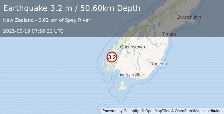 Earthquake SOUTH ISLAND OF NEW ZEALAND (3.2 m) (2025-09-19 07:55:22 UTC)