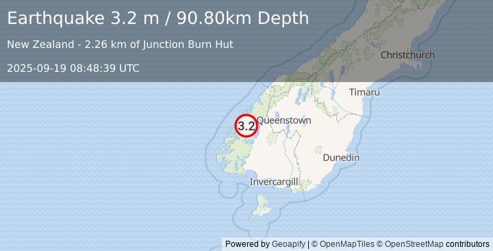 Earthquake SOUTH ISLAND OF NEW ZEALAND (3.2 m) (2025-09-19 08:48:39 UTC)