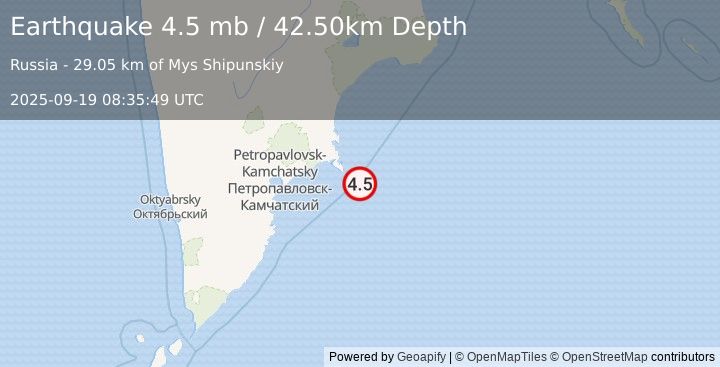 Earthquake OFF EAST COAST OF KAMCHATKA (4.5 mb) (2025-09-19 08:35:49 UTC)