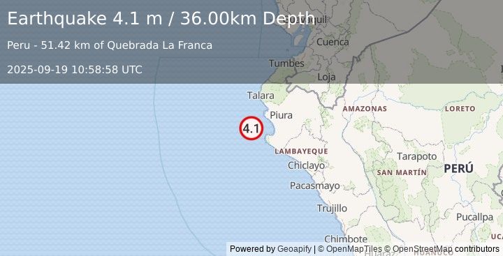 Earthquake NEAR COAST OF NORTHERN PERU (4.1 m) (2025-09-19 10:58:58 UTC)