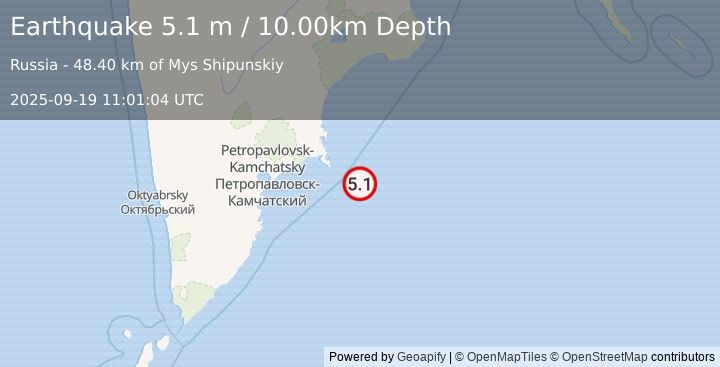 Earthquake OFF EAST COAST OF KAMCHATKA (4.9 mb) (2025-09-19 11:01:08 UTC)