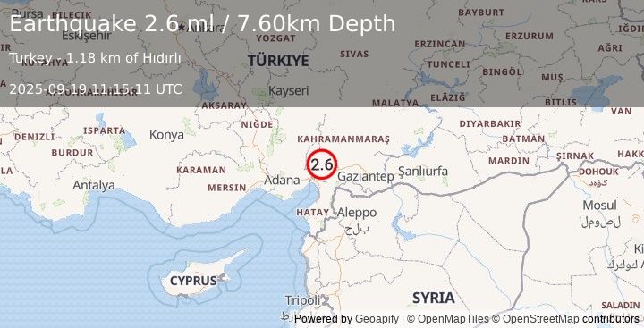 Earthquake CENTRAL TURKEY (2.6 ml) (2025-09-19 11:15:11 UTC)
