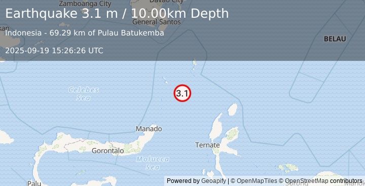 Earthquake KEPULAUAN TALAUD, INDONESIA (3.1 m) (2025-09-19 15:26:26 UTC)