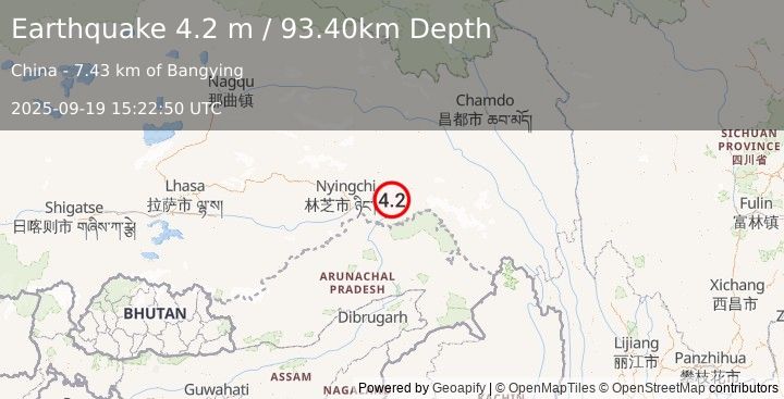 Earthquake EASTERN XIZANG-INDIA BORDER REG. (3.8 m) (2025-09-19 15:22:58 UTC)