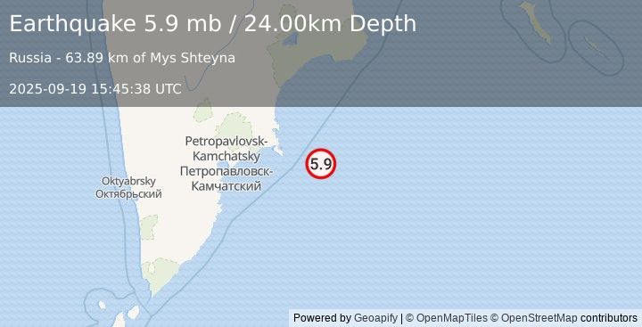 Earthquake OFF EAST COAST OF KAMCHATKA (5.9 mw) (2025-09-19 15:45:34 UTC)