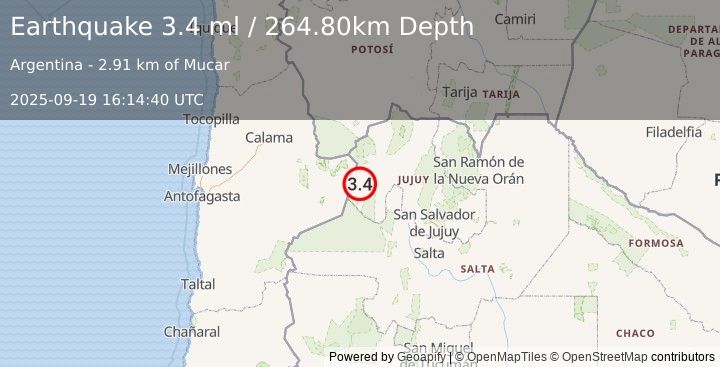 Earthquake JUJUY, ARGENTINA (3.4 ml) (2025-09-19 16:14:40 UTC)