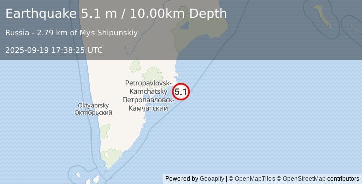 Earthquake NEAR EAST COAST OF KAMCHATKA (4.9 mb) (2025-09-19 17:38:31 UTC)