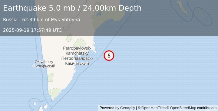 Earthquake NEAR EAST COAST OF KAMCHATKA (5.0 mb) (2025-09-19 17:57:49 UTC)